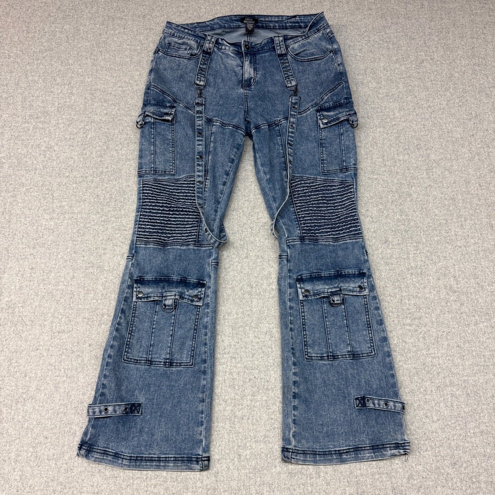 Social Collision Cargo Jeans 19 Blue Acid Wash Y2K Moto Grommet Strap Flare Pant